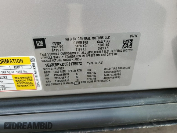 2015 GMC Acadia SLE with VIN 1GKKRPKD0FJ175072, listed as a Copart auction lot 54174995 with 101,752 mi miles and Salvage title. Bid and sale history available at DreamBid. Image 13.