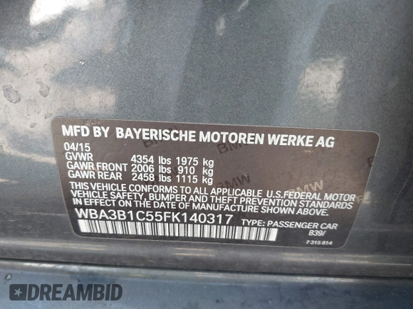 2015 BMW 3 Series 320i with VIN WBA3B1C55FK140317, listed as a IAAI auction lot 41434306 with 120,627 mi miles. Bid and sale history available at carsss.com. Image 9.