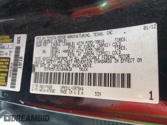 2012 Toyota Tundra z VIN 5TFRM5F15CX040630, wystawiony jako IAAI lot #42213728 z przebiegiem 242 469 mil mil oraz . Historia ofert i sprzedaży dostępna na DreamBid. Obrazek 9.