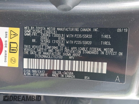 2020 Lexus RX with VIN 2T2HZMAA3LC153100, listed as a IAAI auction lot 41925188 with 104,216 mi miles. Bid and sale history available at carsss.com. Image 9.