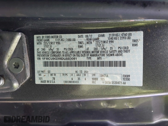 2013 Ford Escape SE with VIN 1FMCU9GX6DUA83081, listed as a IAAI auction lot 41991167 with 106,793 mi miles and . Bid and sale history available at DreamBid. Image 9.