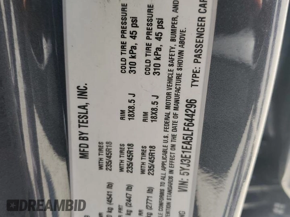 2020 Tesla Model 3 Standard Range Plus z VIN 5YJ3E1EA5LF644296, wystawiony jako Copart lot #56953645 z przebiegiem 89 356 mil mil oraz Szkoda całkowita • Salvage title. Historia ofert i sprzedaży dostępna na DreamBid. Obrazek 12.