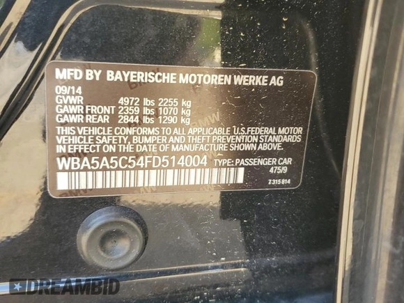 2015 BMW 5 Series 528i with VIN WBA5A5C54FD514004, listed as a Copart auction lot 55825075 with 104,896 mi miles and Clean Title. Bid and sale history available at DreamBid. Image 12.