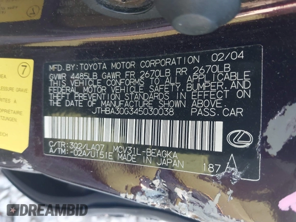 2004 Lexus ES 350 with VIN JTHBA30G345030038, listed as a IAAI auction lot 41457908 with 238,356 mi miles and . Bid and sale history available at DreamBid. Image 9.