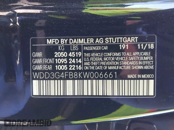 2019 Mercedes-Benz A 220 with VIN WDD3G4FB8KW006661, listed as a IAAI auction lot 41782495 with 54,227 mi miles and . Bid and sale history available at DreamBid. Image 9.