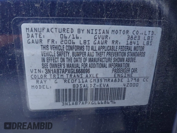 2016 Nissan Sentra SR with VIN 3N1AB7APXGL668696, listed as a IAAI auction lot 42023813 with 90,486 mi miles and . Bid and sale history available at DreamBid. Image 9.