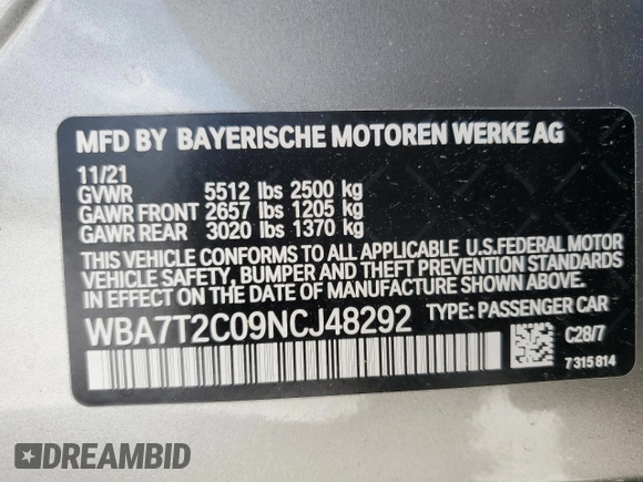 2022 BMW 7 Series 740i with VIN WBA7T2C09NCJ48292, listed as a Copart auction lot 51650315 with 21,585 mi miles and Salvage Title. Bid and sale history available at carsss.com. Image 12.