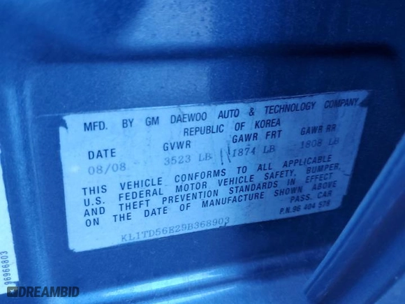 2009 Chevrolet Aveo LT w/1LT with VIN KL1TD56E29B368903, listed as a Copart auction lot 48169405 with 97,489 mi miles and Salvage Title. Bid and sale history available at carsss.com. Image 12.