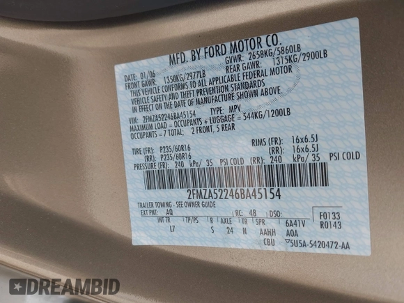 2006 Ford Freestar SEL z VIN 2FMZA52246BA45154, wystawiony jako IAAI lot #42393983 z przebiegiem 100 447 mil mil oraz . Historia ofert i sprzedaży dostępna na DreamBid. Obrazek 9.