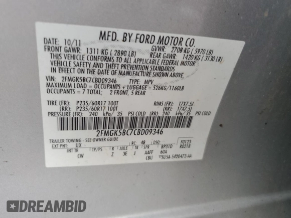 2012 Ford Flex SE z VIN 2FMGK5BC7CBD09346, wystawiony jako Copart lot #53385595 z przebiegiem 174 738 mil mil oraz Szkoda całkowita • Salvage title. Historia ofert i sprzedaży dostępna na DreamBid. Obrazek 15.