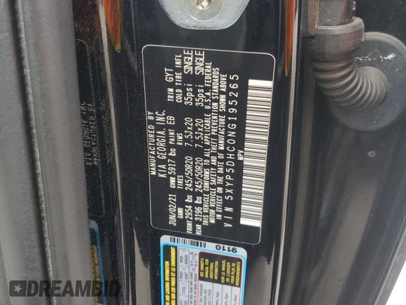 2022 Kia Telluride SX with VIN 5XYP5DHC0NG195265, listed as a Copart auction lot 59853915 with 80,175 mi miles and Salvage title. Bid and sale history available at DreamBid. Image 14.