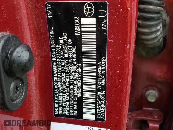 2018 Toyota C-HR XLE z VIN NMTKHMBX9JR048418, wystawiony jako Copart lot #49369744 z przebiegiem 116 661 mil mil oraz Szkoda całkowita • Salvage title. Historia ofert i sprzedaży dostępna na DreamBid. Obrazek 13.