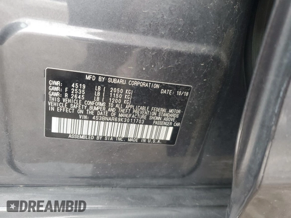2019 Subaru Legacy Sport with VIN 4S3BNAR69K3011703, listed as a Copart auction lot 87931115 with 73,929 mi miles and Salvage Title. Bid and sale history available at carsss.com. Image 12.