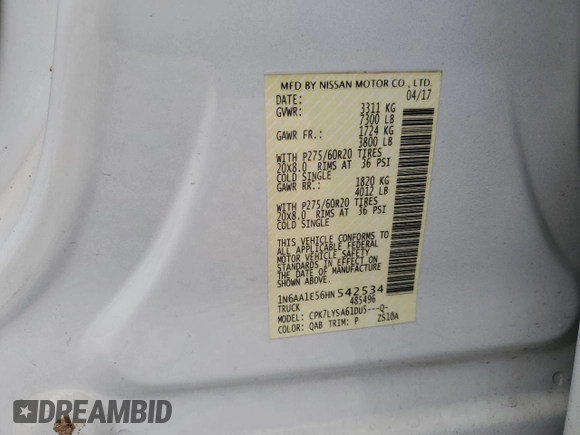 2017 Nissan Titan Platinum Reserve z VIN 1N6AA1E56HN542534, wystawiony jako Copart lot #44550645 z przebiegiem Nie podano mil oraz Szkoda całkowita • Salvage title. Historia ofert i sprzedaży dostępna na DreamBid. Obrazek 14.