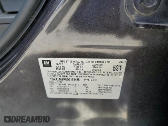 2013 GMC Terrain SLE with VIN 2GKALMEK8D6168435, listed as a Copart auction lot 61612625 with 158,226 mi miles and Salvage title. Bid and sale history available at DreamBid. Image 13.
