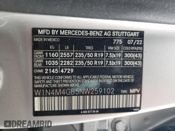 2022 Mercedes-Benz GLB 250 с VIN W1N4M4GB5NW259102, выставлен на аукционе Copart как лот 55212575 с пробегом Не указан миль и Списание • Salvage title. История ставок и продаж доступна на DreamBid. Изображение 13.