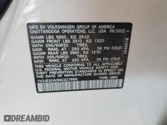 2022 Volkswagen Atlas SE with VIN 1V2JE2CA3NC227855, listed as a Copart auction lot 81473484 with 27,248 mi miles and Salvage title. Bid and sale history available at DreamBid. Image 13.