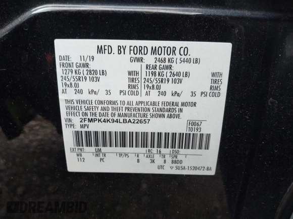 2020 Ford Edge Titanium with VIN 2FMPK4K94LBA22657, listed as a IAAI auction lot 42340706 with 62,857 mi miles and . Bid and sale history available at DreamBid. Image 9.