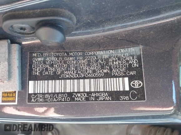2015 Toyota Prius Four with VIN JTDKN3DU3F0460559, listed as a IAAI auction lot 41427463 with 112,083 mi miles and . Bid and sale history available at DreamBid. Image 9.