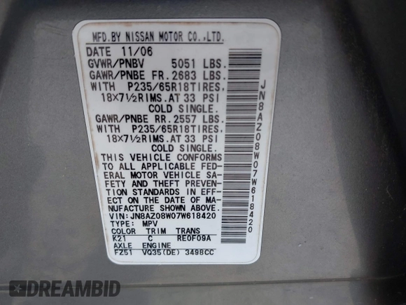 2007 Nissan Murano SL z VIN JN8AZ08W07W618420, wystawiony jako IAAI lot #42333970 z przebiegiem 109 705 mil mil oraz . Historia ofert i sprzedaży dostępna na DreamBid. Obrazek 9.