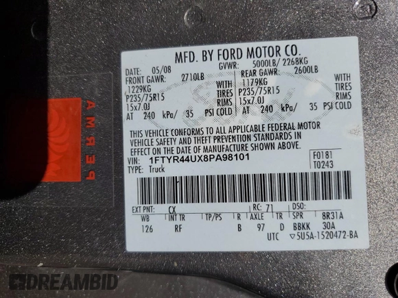 2008 Ford Ranger XLT with VIN 1FTYR44UX8PA98101, listed as a Copart auction lot 53367425 with 102,014 mi miles and Salvage title. Bid and sale history available at DreamBid. Image 14.