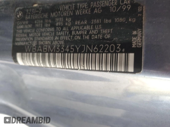 2000 BMW 3 Series 323Ci with VIN WBABM3345YJN62203, listed as a Copart auction lot 78399424 with 150,913 mi miles and Salvage Title. Bid and sale history available at DreamBid. Image 12.