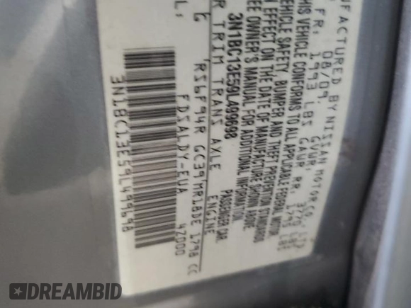 2009 Nissan Versa S with VIN 3N1BC13E59L499698, listed as a Copart auction lot 58242235 with 169,239 mi miles and Clean title. Bid and sale history available at DreamBid. Image 12.