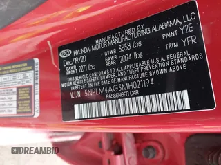 2021 Hyundai Elantra SEL with VIN 5NPLM4AG3MH021194, listed as a IAAI auction lot 41635580 with 102,891 mi miles. Bid and sale history available at carsss.com. Image 9.