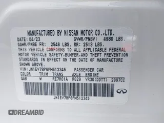 2023 Infiniti Q50 Luxe with VIN JN1EV7BP6PM512345, listed as a IAAI auction lot 42388297 with 11,204 mi miles and . Bid and sale history available at DreamBid. Image 9.