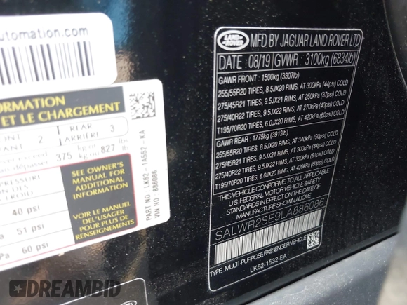2020 Land Rover Range Rover Sport HSE Dynamic с VIN SALWR2SE9LA886086, выставлен на аукционе IAAI как лот 42382923 с пробегом 62 006 миль миль и . История ставок и продаж доступна на DreamBid. Изображение 9.