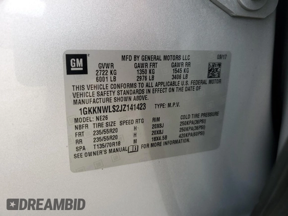 2018 GMC Acadia SLT with VIN 1GKKNWLS2JZ141423, listed as a Copart auction lot 60933745 with 107,605 mi miles and Clean title. Bid and sale history available at DreamBid. Image 14.