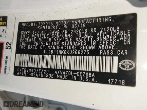 2019 Toyota Camry LE z VIN 4T1B11HK6KU266275, wystawiony jako IAAI lot #41978900 z przebiegiem 84 202 mil mil oraz . Historia ofert i sprzedaży dostępna na DreamBid. Obrazek 9.