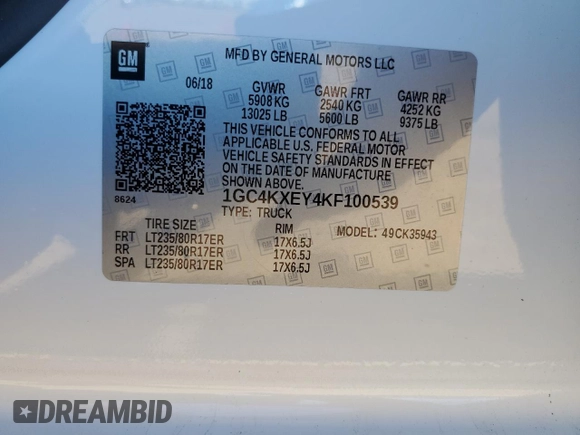 2019 Chevrolet Silverado 3500HD LTZ with VIN 1GC4KXEY4KF100539, listed as a Copart auction lot 48533115 with 117,369 mi miles and Salvage Title. Bid and sale history available at carsss.com. Image 14.