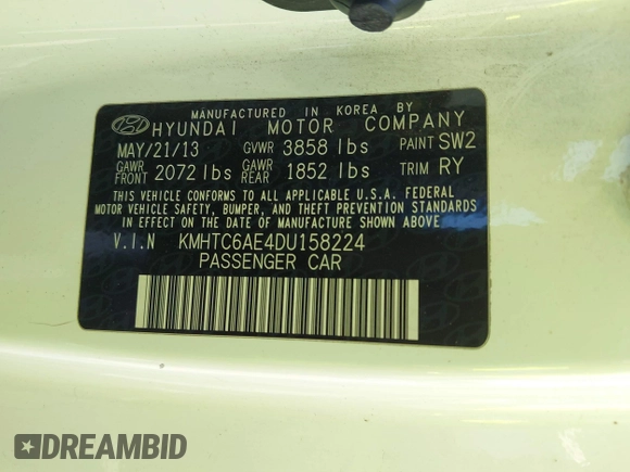 2013 Hyundai Veloster Turbo with VIN KMHTC6AE4DU158224, listed as a IAAI auction lot 42725813 with Not provided miles and . Bid and sale history available at DreamBid. Image 9.