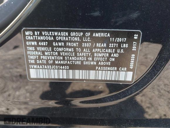 2018 Volkswagen Passat 2.0T S with VIN 1VWAA7A32JC014403, listed as a IAAI auction lot 41629549 with 66,245 mi miles. Bid and sale history available at carsss.com. Image 9.