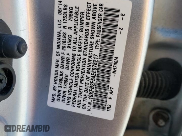 2014 Honda Civic Sedan LX with VIN 19XFB2F54EE078217, listed as a Copart auction lot 53268085 with 151,002 mi miles and Salvage Title. Bid and sale history available at carsss.com. Image 15.