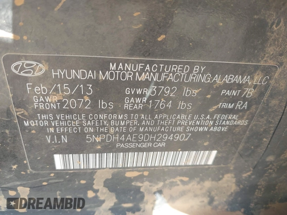 2013 Hyundai Elantra Limited z VIN 5NPDH4AE9DH294907, wystawiony jako IAAI lot #42372512 z przebiegiem 155 534 mil mil oraz . Historia ofert i sprzedaży dostępna na DreamBid. Obrazek 9.
