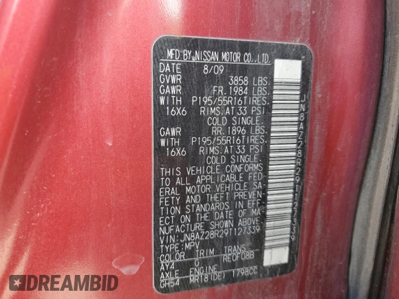 2009 Nissan Cube SL with VIN JN8AZ28R29T127339, listed as a Copart auction lot 49831125 with Not Provided miles and Salvage Title. Bid and sale history available at DreamBid. Image 13.