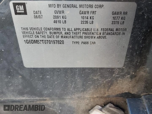 2007 Cadillac CTS z VIN 1G6DM57T070197820, wystawiony jako Copart lot #54568335 z przebiegiem 108 328 mil mil oraz Szkoda całkowita • Salvage title. Historia ofert i sprzedaży dostępna na DreamBid. Obrazek 12.