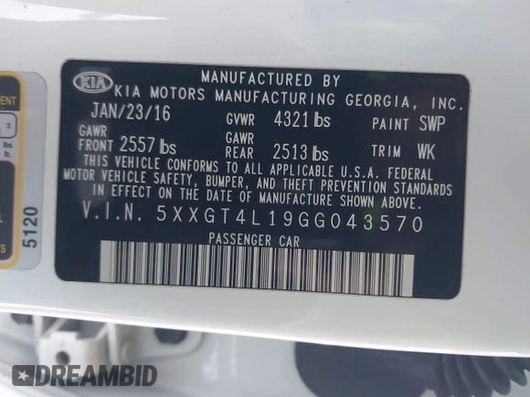 2016 Kia Optima LX Turbo with VIN 5XXGT4L19GG043570, listed as a IAAI auction lot 41837500 with 160,231 mi miles. Bid and sale history available at carsss.com. Image 9.