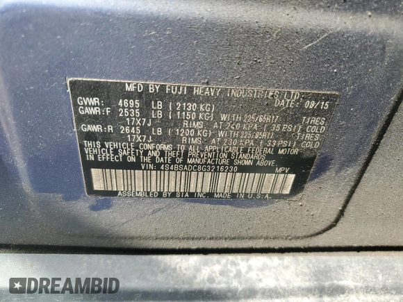 2016 Subaru Outback Premium z VIN 4S4BSADC8G3216230, wystawiony jako Copart lot #56553505 z przebiegiem 123 136 mil mil oraz Szkoda całkowita • Salvage title. Historia ofert i sprzedaży dostępna na DreamBid. Obrazek 13.