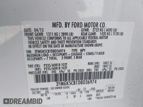 2013 Ford Flex SEL z VIN 2FMGK5C81DBD36974, wystawiony jako IAAI lot #41973031 z przebiegiem 126 216 mil mil oraz . Historia ofert i sprzedaży dostępna na DreamBid. Obrazek 9.