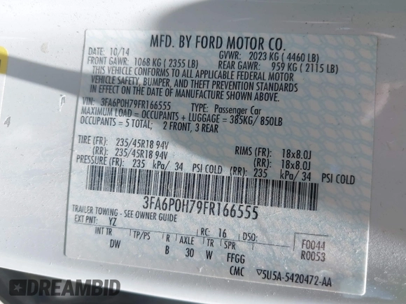 2015 Ford Fusion SE z VIN 3FA6P0H79FR166555, wystawiony jako IAAI lot #42238084 z przebiegiem 97 842 mil mil oraz . Historia ofert i sprzedaży dostępna na DreamBid. Obrazek 9.
