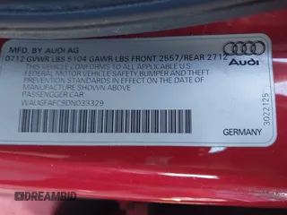 2013 Audi A6 Premium Plus with VIN WAUGFAFC9DN033329, listed as a IAAI auction lot 41768550 with 126,868 mi miles and . Bid and sale history available at DreamBid. Image 9.