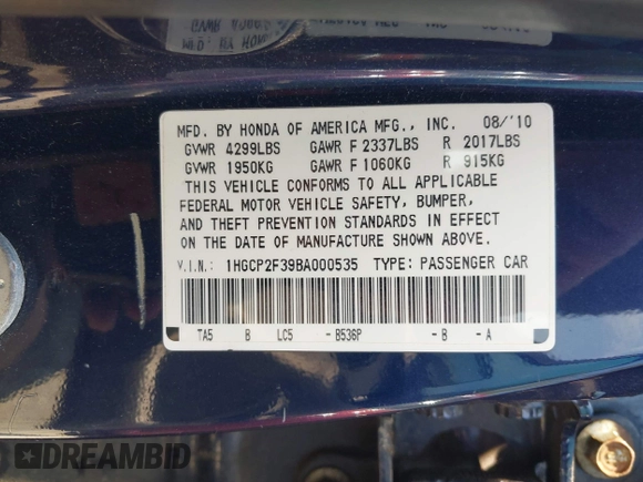 2011 Honda Accord LX with VIN 1HGCP2F39BA000535, listed as a IAAI auction lot 42599374 with 156,293 mi miles and . Bid and sale history available at DreamBid. Image 9.