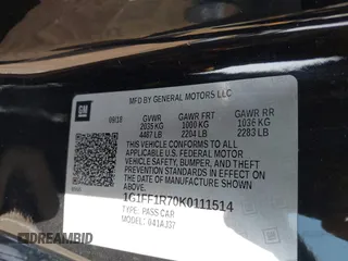 2019 Chevrolet Camaro 1SS z VIN 1G1FF1R70K0111514, wystawiony jako IAAI lot #41924277 z przebiegiem Nie podano mil oraz . Historia ofert i sprzedaży dostępna na DreamBid. Obrazek 9.