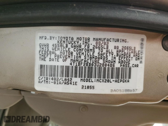 2003 Toyota Avalon XL z VIN 4T1BF28B03U280486, wystawiony jako Copart lot #57152935 z przebiegiem 131 996 mil mil oraz Szkoda całkowita • Salvage title. Historia ofert i sprzedaży dostępna na DreamBid. Obrazek 12.