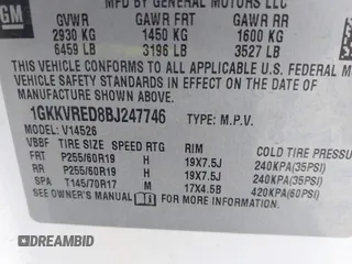 2011 GMC Acadia SLT1 with VIN 1GKKVRED8BJ247746, listed as a IAAI auction lot 42608736 with 188,696 mi miles and . Bid and sale history available at DreamBid. Image 9.