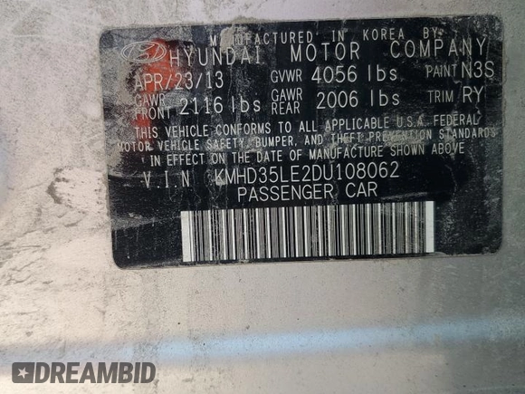2013 Hyundai Elantra with VIN KMHD35LE2DU108062, listed as a Copart auction lot 64245645 with 193,138 mi miles and Salvage title. Bid and sale history available at DreamBid. Image 12.