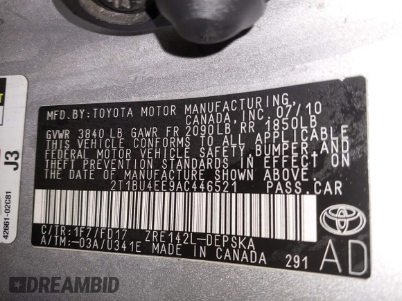 2010 Toyota Corolla with VIN 2T1BU4EE9AC446521, listed as a IAAI auction lot 41986456 with 1 mi miles. Bid and sale history available at carsss.com. Image 9.